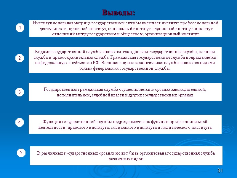 31 Выводы: Институциональная матрица государственной службы включает институт профессиональной  деятельности, правовой институт, социальный